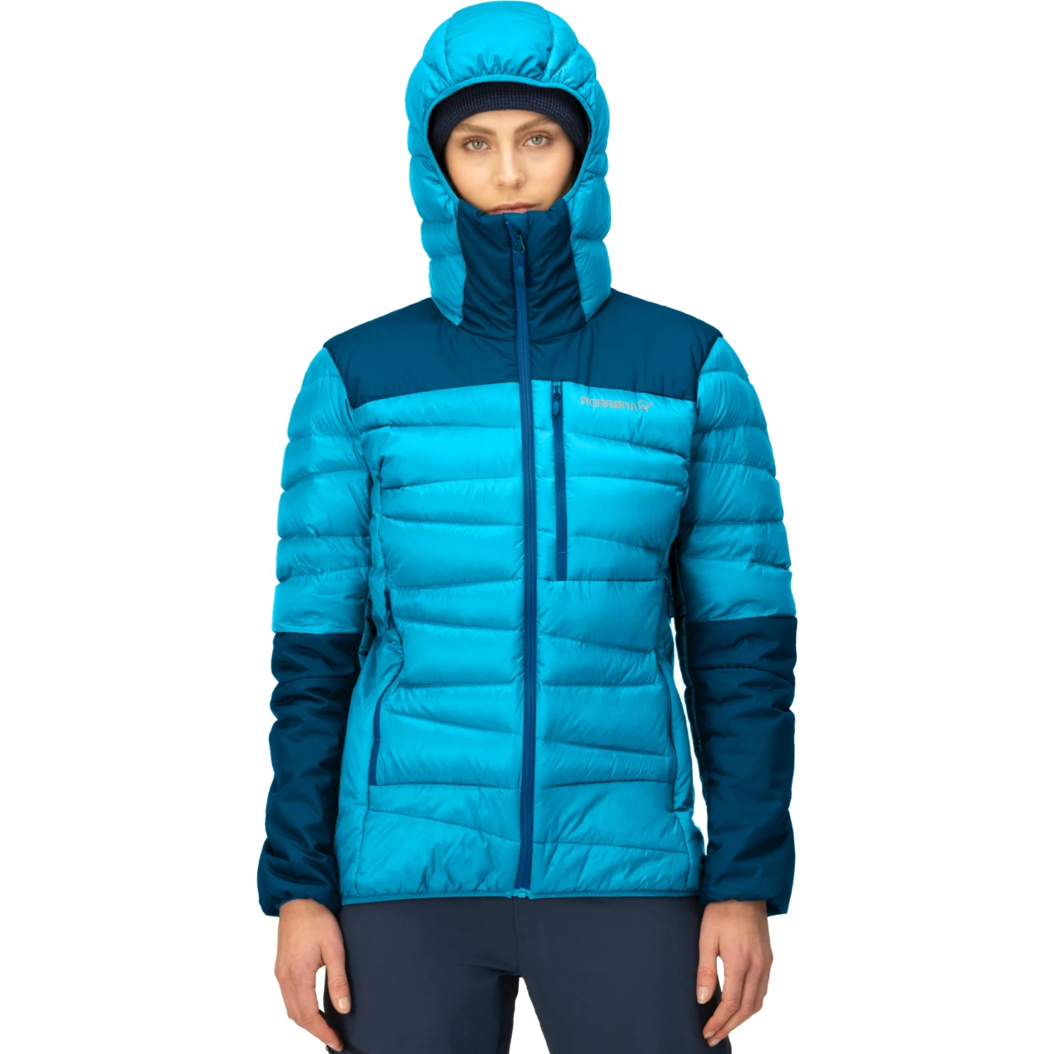 Norrona Falketind Down750 Hood Jacket Women - Aquarius/Mykonos Blue 1 Norrona Falketind Down750 Hood Jacket Women - Aquarius/Mykonos Blue