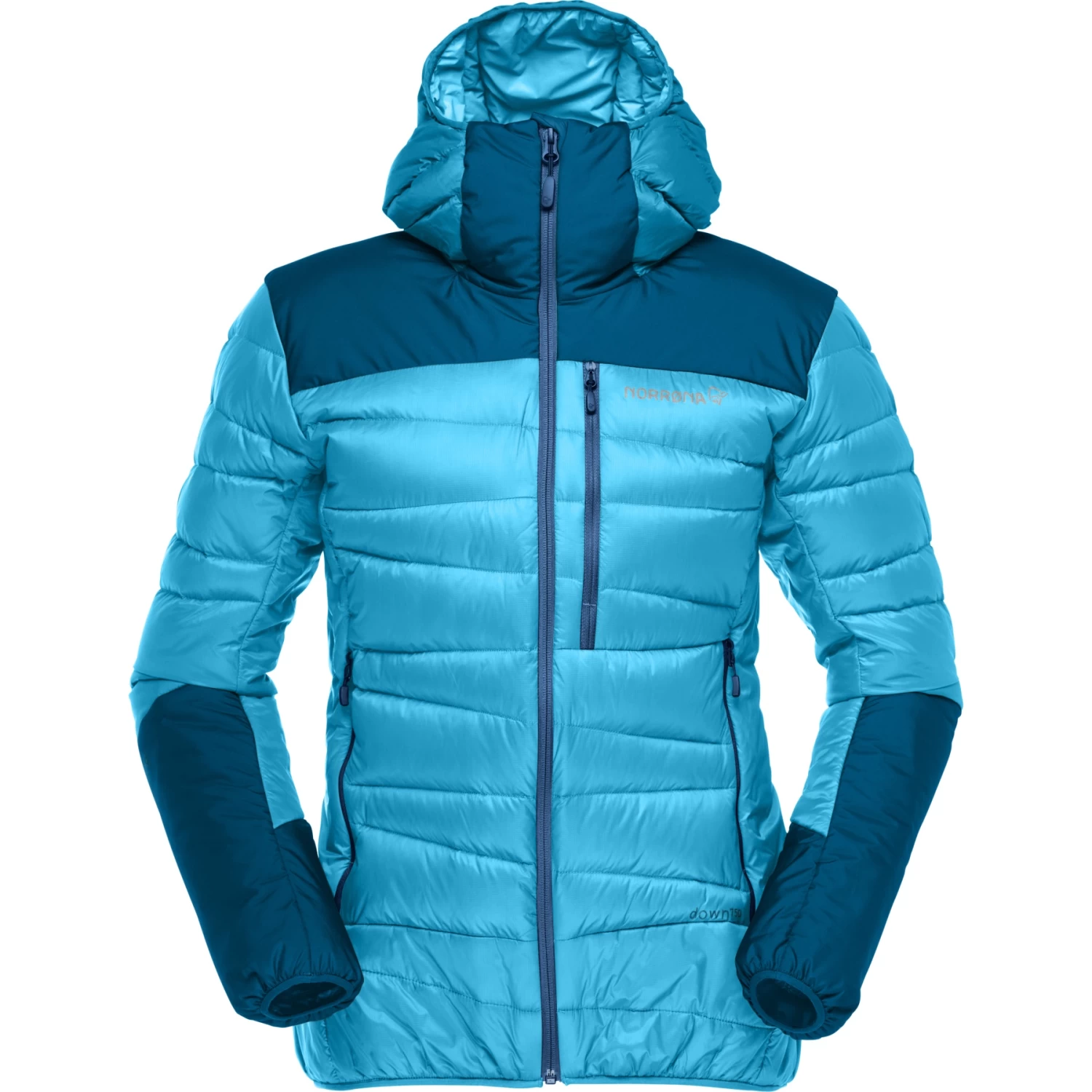 Norrona Falketind Down750 Hood Jacket Women - Aquarius/Mykonos Blue 2 Norrona Falketind Down750 Hood Jacket Women - Aquarius/Mykonos Blue - Image 2